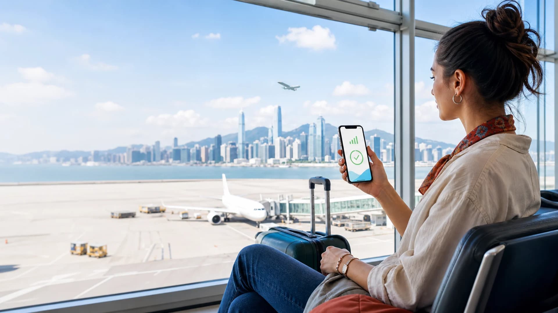 Traveler activating a global eSIM before an international flight