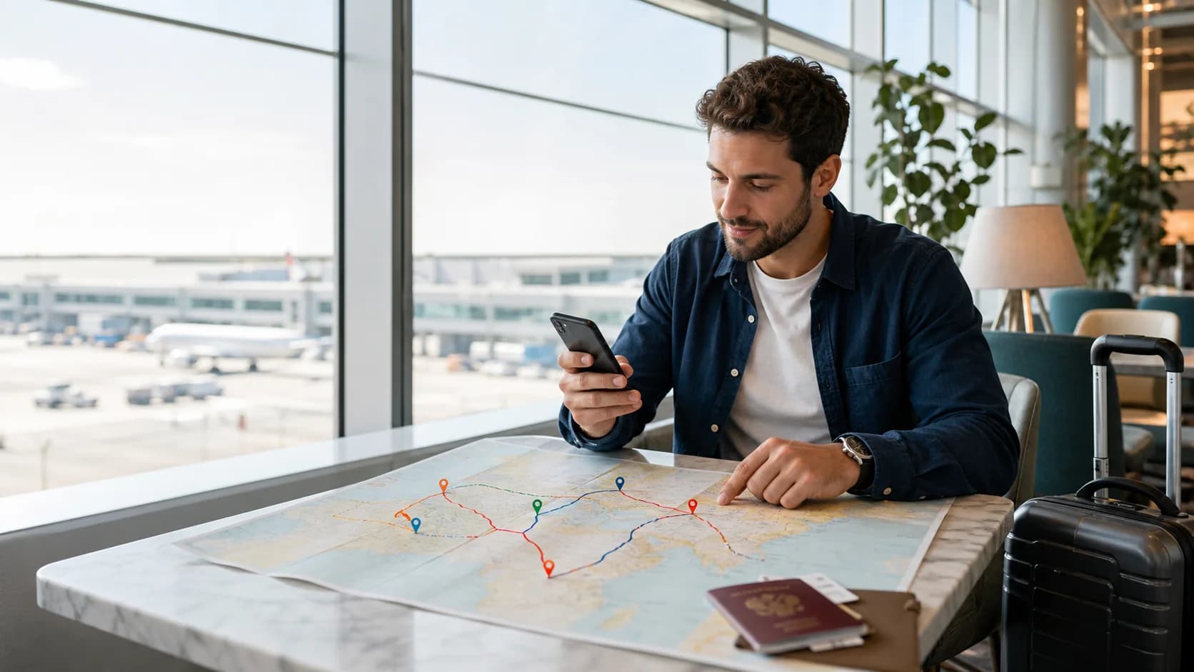 Traveler planning a multi-country route on a map while checking a phone