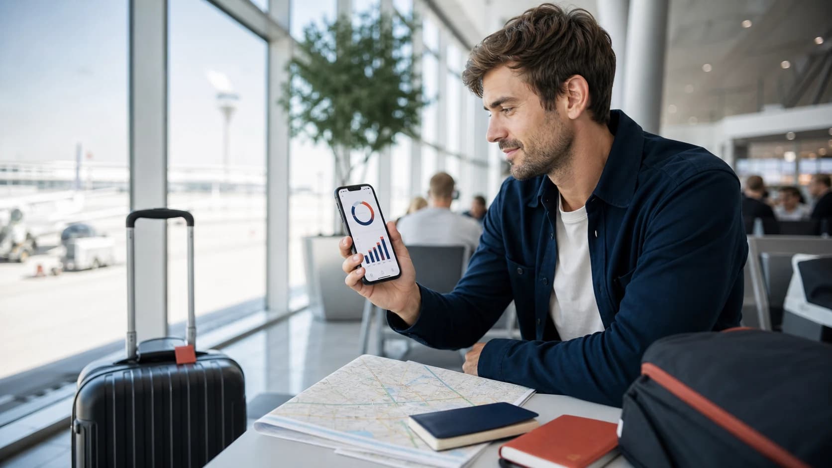 Traveler reviewing a mobile data usage chart on a phone at an airport