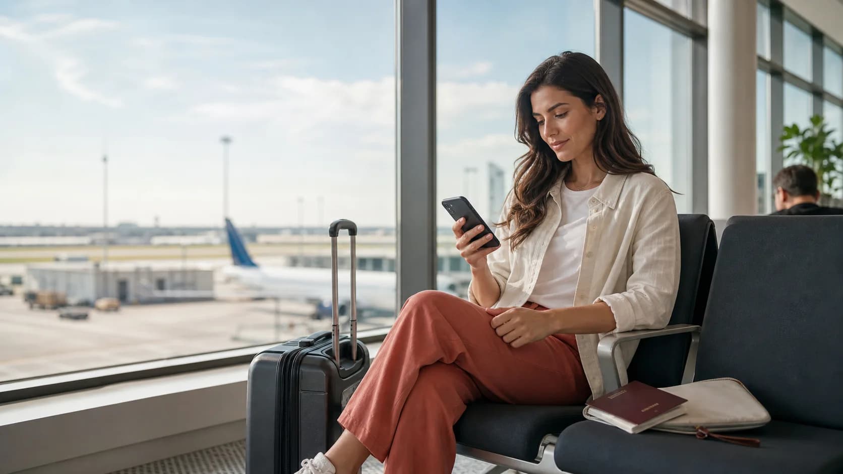 Traveler comparing eSIM options on a phone in a bright airport lounge