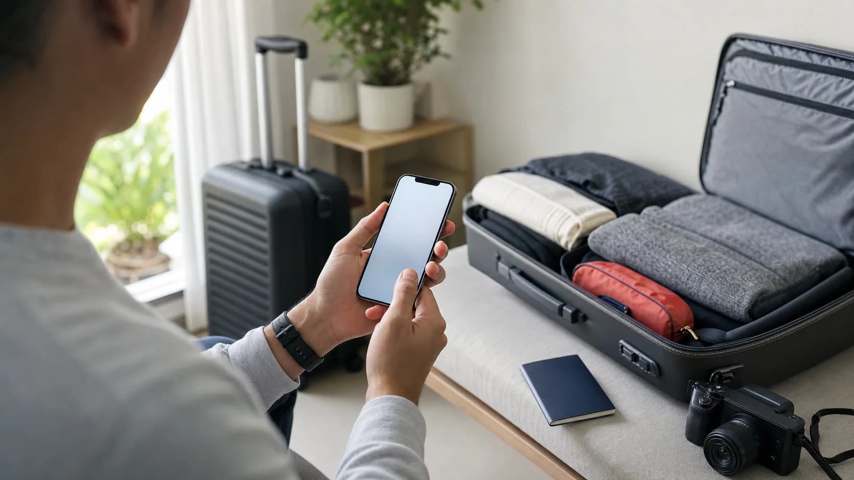 Traveler preparing a travel eSIM on a phone over reliable Wi-Fi before departure